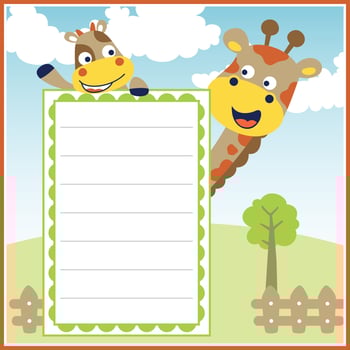 Frame border template, vector cartoon of funny animals on nature background, cow with giraffe
