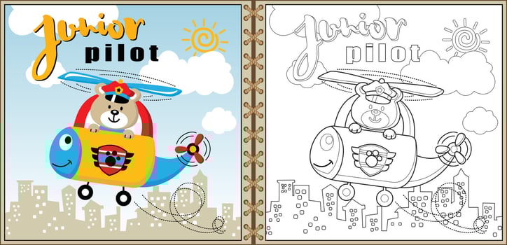 Cartoon vector of little bear on helicopter across buildings, coloring page or book