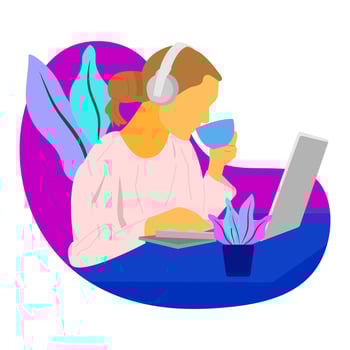 Vector illustration design of a person working in front of a laptop while drinking coffee