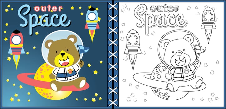 Vector cartoon of funny bear in astronaut costume sitting on Saturn planet with rocket, space element, coloring page or book