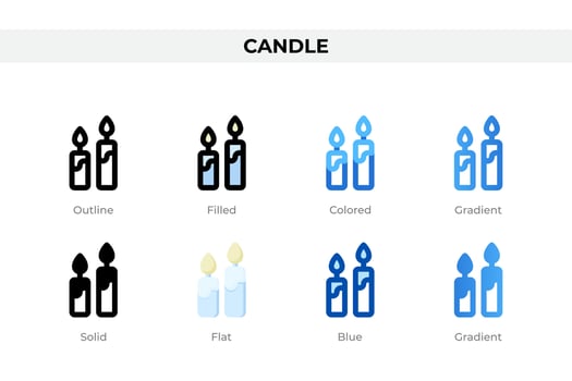 Candle icons in different style. Candle icons set. Holiday symbol. Different style icons set. Vector illustration