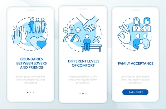 Issues within LGBT couples blue onboarding mobile app screen. Walkthrough 3 steps editable graphic instructions with linear concepts. UI, UX, GUI template vector