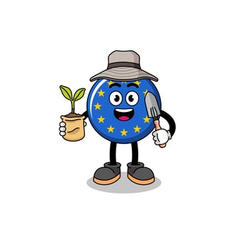 Illustration of europe flag cartoon holding a plant seed vector