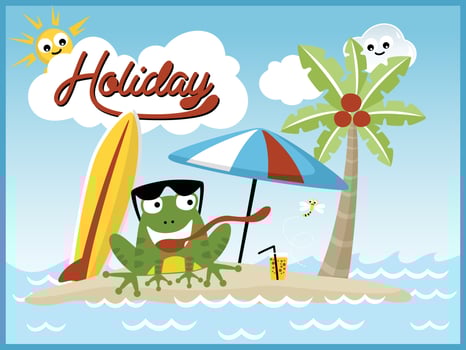 Cartoon vector of funny frog holiday in beach, summer holiday elements