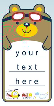 Animal cartoon vector character on card template, funny bear the helicopter pilot