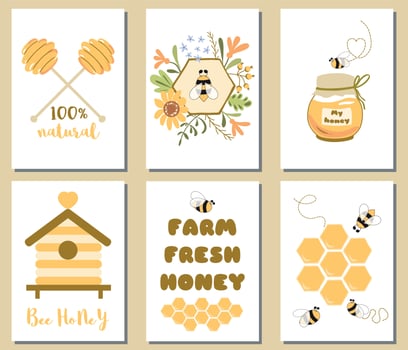 Bee honey set Cute card templates Honey jar, floral bee honeycomb, text, hive, honey spoon banner. Organic collection. Hand drawn yellow illustrations. Phrase Farm fresh honey set. vector