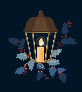 Christmas candles card. Concept of flaming candlestick, christianity attributes, Christmas decoration. Suspender sacred at night against the background of Christmas berries. vector