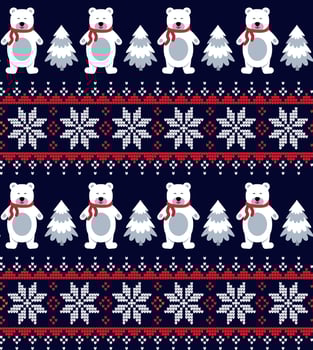 Knitted Christmas and New Year pattern into bears. Wool Knitting Sweater Design. Wallpaper wrapping paper textile print. Eps 10 vector