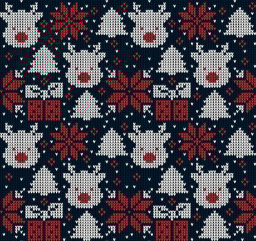 Knitted Christmas and New Year pattern. Wool Knitting Sweater Design. Wallpaper wrapping paper textile print. Eps 10 vector