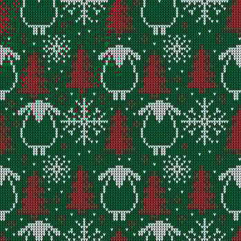 Knitted Christmas and New Year pattern. Wool Knitting Sweater Design. Wallpaper wrapping paper textile print. Eps 10 vector