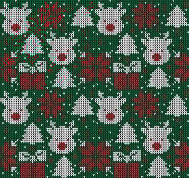 Knitted Christmas and New Year pattern. Wool Knitting Sweater Design. Wallpaper wrapping paper textile print. Eps 10 vector