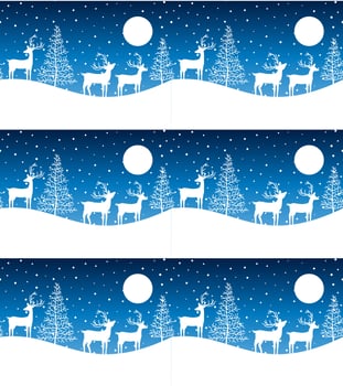 Seamless Merry Christmas pattern with deers, winter abstraction. Forest background. Endless horizontal banner with Reindeers in snow. Hand drawn paper decorative elements, vector illustration.