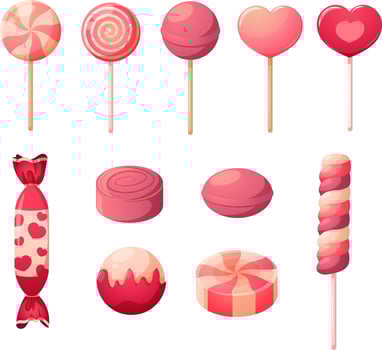 Set of festive lollipops and Valentine's Day candies in pink and white vector