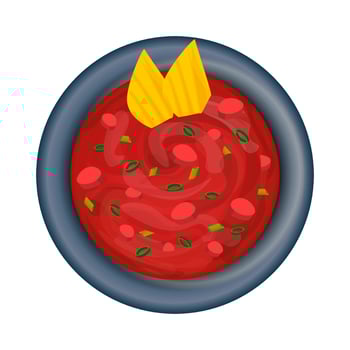 Fresh salsa dip and Corn chips, nachos in bowl. Traditional Mexican appetizer top view. Latin American food. Colorful vector illustration isolated on white background.