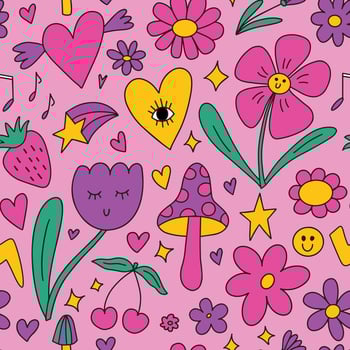 Seamless pattern background with many small cute kawaii y2k doodle elements - daisy chamomile flowers, psychedelic trippy groovy mushrooms, hearts, stars, sun, cherry, strawberry. cool vector