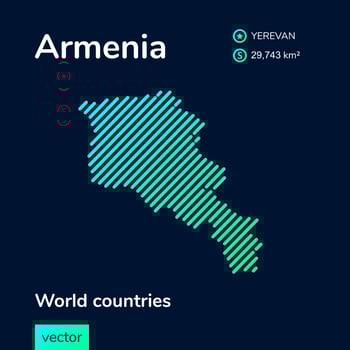 Vector creative digital neon flat line art abstract simple map of Armenia with green, mint, turquoise striped texture on dark blue background. Educational banner, poster about Armenia