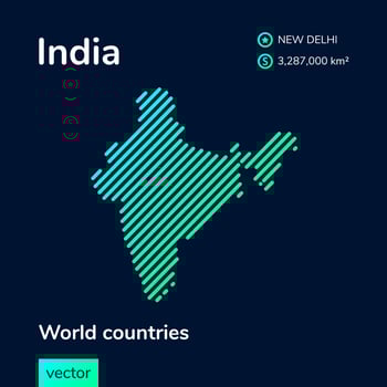 Vector creative digital neon flat line art abstract simple map of India with green, mint, turquoise striped texture on dark blue background. Educational banner, poster about India