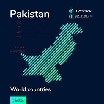 Map of Pakistan. Vector creative digital neon flat line art abstract simple map with green, mint, turquoise striped texture on dark blue background. Educational banner, poster about Pakistan