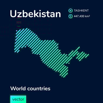 Vector creative digital neon flat line art abstract simple map of Uzbekistan with green, mint, turquoise striped texture on dark blue background. Educational banner, poster about Uzbekistan