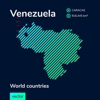 Vector creative digital neon flat line art abstract simple map of Venezuela with green, mint, turquoise striped texture on dark blue background. Educational banner, poster about Venezuela