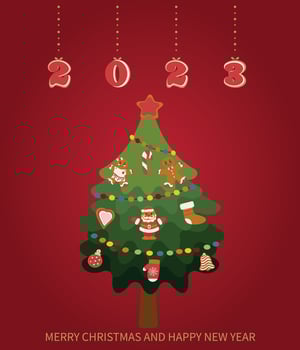 Festive Christmas tree decorated with gingerbread. Christmas greeting card vector