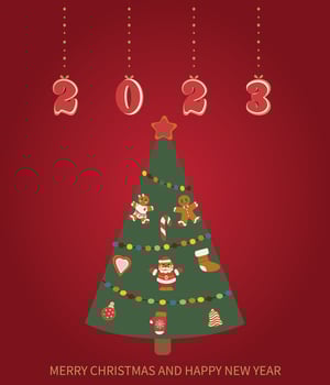 Festive Christmas tree decorated with gingerbread. Christmas greeting card vector