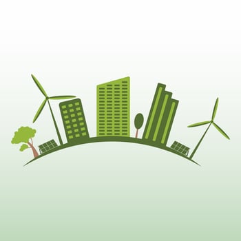 icon, sticker, button, logo on the theme of saving and renewable energy with city, houses, solar panels and Wind turbines in green colors vector
