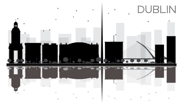 Dublin City skyline black and white silhouette with reflections. vector