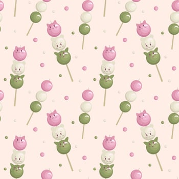 Japanese traditional dessert pattern on light pink background. Hanami Dango. Japanese Dango dessert. Pattern for print, textile, wrapping paper, decoration. Vector illustration. Cartoon style.