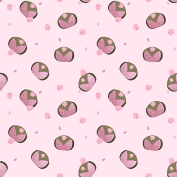 Sakuramochi cute seamless pattern. Japanese rice cake wrapped in a pickled cherry blossom, sakura leaf. Vector illustration. Cartoon style.