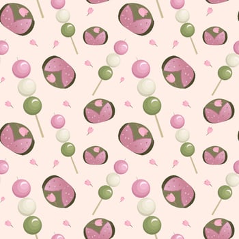 Japanese traditional dessert pattern on light pink background. Hanami Dango and Sakuramochi. Pattern for print, textile, wrapping paper, decoration. Vector illustration. Cartoon style.