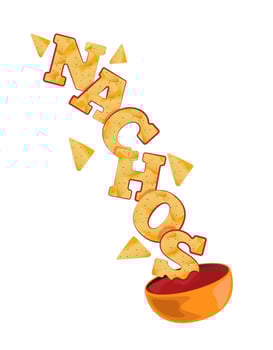 Flying nachos with sauce. Mexican national food. Traditional mexican cuisine illustration. Fast food. Street food drawing. Best for restaurant menu and package design. Vector illustration.