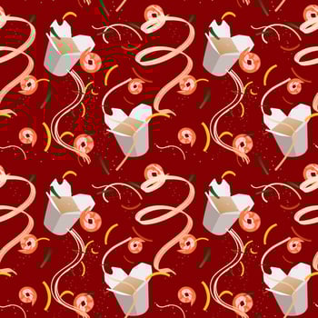 Chinese food in boxes seamless pattern on a red background. Carton food boxes with noodles, vegetables, seafood and meat, different fillings. Traditional Asian food. Vector food background.
