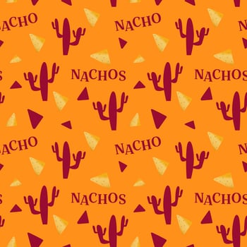 Nachos seamless pattern. Traditional Mexican tasty snack illustration. Cartoon background. Design for fashion , fabric, textile, wallpaper, cover. Vector illustration.