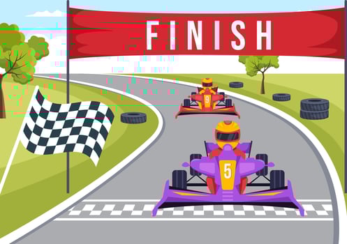 Karting Sport with Racing Game Go Kart or Mini Car on Small Circuit Track in Flat Cartoon Hand Drawn Template Illustration vector