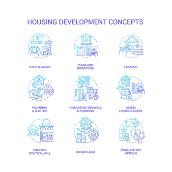 Housing development blue gradient concept icons set vector