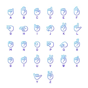 Letters in American sign language pixel perfect gradient linear vector icons set