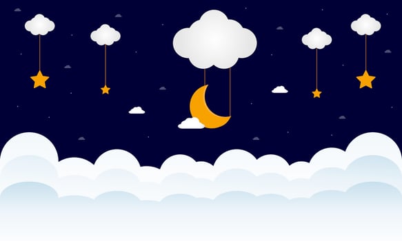 Sweet dreams. Crescent moon, clouds and stars on night background. Vector illustration.