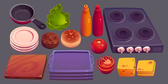 Burger ingredients and cooking supplies vector set