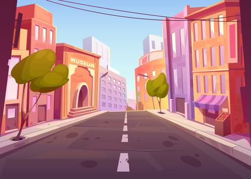 City street with house buildings, museum, road vector