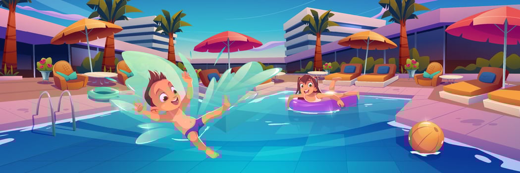 Kids in swimming pool at hotel area with lounges vector