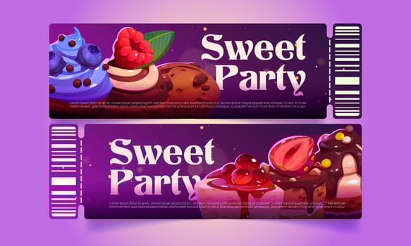 Sweet party coupons with cakes and desserts vector