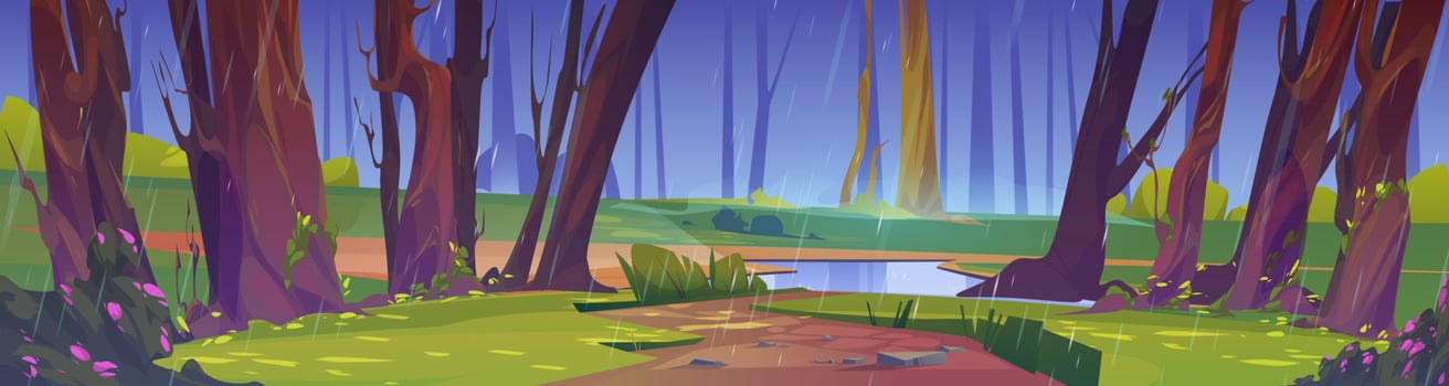 Summer rain in forest wild nature landscape scene vector