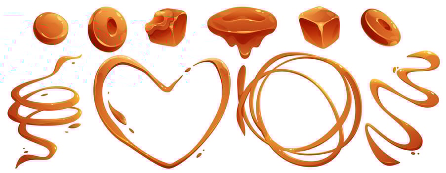 Toffee candies and liquid caramel splashes vector