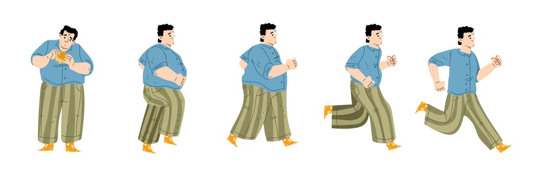 Fat man eat hamburger, start run and loss weight vector