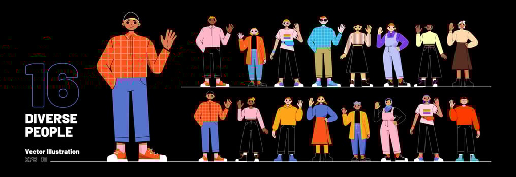 Big set of 16 diverse people isolated on black vector