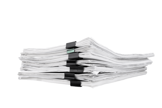 Stack of papers with paper clips, office folders. Transparent background. PNG. png