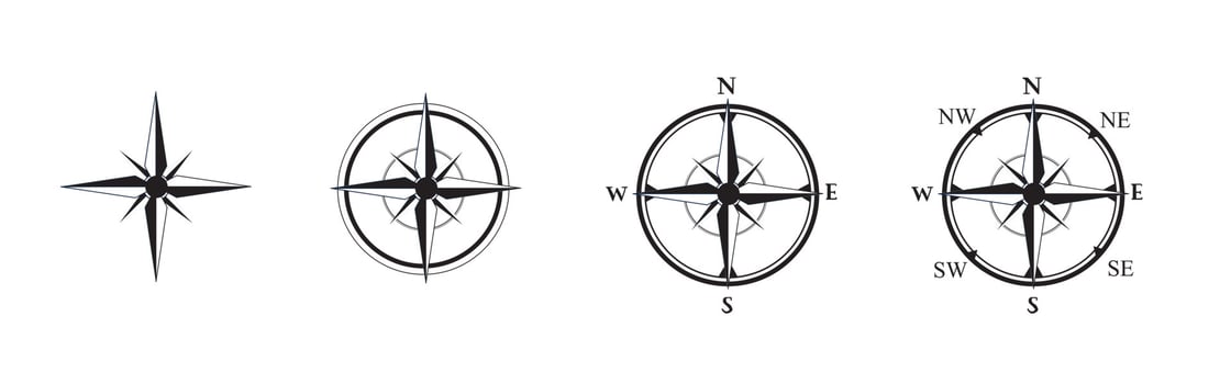 Compass black icon set . Wind rose signs. Cardinal compass symbols North, South, East, West. Isolated realistic design, vector illustration on white background