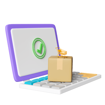 3d laptop computer monitor with checkmark, paper bags, goods cardboard box, shopping cart isolated. online shopping concept, 3d render illustration png