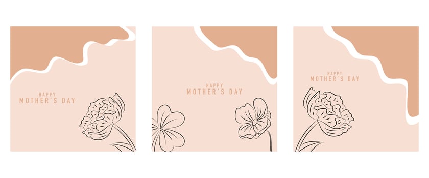 Happy Mother's Day vector greeting card set with beautiful flowers and hearts. Line drawing of flowers. One line minimalist style illustration for banner